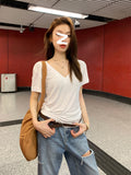Short-Sleeved Women Summer Half-Sleeved Solid Dress Basic Sample Coat V Collar Loose Thin Shoulder T-Shirt Girl