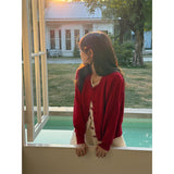 Christmas Red Wear Fake Two Bows Long Sleeves Bottom Knitted Cardigan Women In Autumn And Winter Round Collar Repair Body