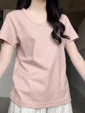 Short-Sleeved Women's Summer 2025 New Pink Shoulder T-Shirt Korean Loose Simple Leisure Thin U Collar Top