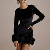 Autumn And Winter New Folded Hem Body Half-Dress Temperament Collar Long-Sleeved Velvet Three-Dimensional Dress
