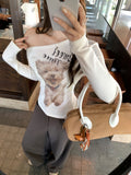 Slanted Shoulder Print Long-Sleeved T-Shirt Girl 2026 Autumn Hottie Slimming Bottom Shirt Inside Knitting Top
