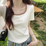 Positive Shoulder Collar Short-Sleeved T-Shirt Girls Summer Slim Skinny Collared Short Fish Bone Cotton Tops In Casual Match