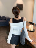 Black And White Spliced Shoulder Long-Sleeved T-Shirt Women 2026 Regular Hottie Repair Fake Two-Piece Top