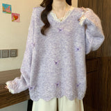 Large-Size French Lace Knitted Women's Autumn And Winter Fashion Soft-Creative Sweater Jersey V-Neck Loose Thin Top