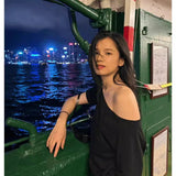 Design With A Sense Of Oblique Shoulder Short Sleeve Female Open Shoulder Short T-Shirt Summer Pure Hot Girl Loose Black Shoulder Clothes