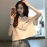 Polo Collar T-Shirt For Women 2025 Summer Short Loose Top Design Small Half Zipper Front Shoulder Short Sleeve Pure Cotton