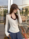 Oatmeal Hottie Body V-Neck Long-Sleeved Bottom Shirt Woman 2026 Spring And Autumn With Chest Pad Hanging Neck Strap Vest Top