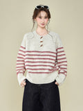 Design-Sensitive Striped Horn Buckle Round Collar Collar Sweater 2026 Autumn And Winter New Knitted Long-Sleeved Top