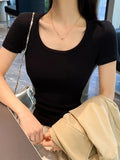 Pure Hot Girl Round Collar Color Short-Sleeved T-Shirt Summer 2025 New Slimming Bottom Shirt Waist Top