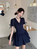 French Spice Girls V Collared Thin Hepburn Style Dress Women's Summer Retro Body Soaked-Sleeved Cake Skirt