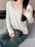 Pure White U-Necked Shirt Long-Sleeved T-Shirt Women's Early Autumn Lazy Relaxed Leisure Pure Cotton On The Basis Of Clothing