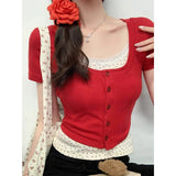 Light Blue Large Round Collar Collar Collar Collar Collar Front Shoulder Half-Sleeved Knitted Cardigan Slime T-Shirt Short-Sleeved Top Summer