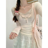 Apricot Pure Lust Lace Lace Bm Broken Flower Long-Sleeved T-Shirt Girl Early Autumn Self-Repair Fake Two Design Temperament Blouse