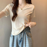 White Short-Sleeved T-Shirt Women's Summer Front Shoulder Thin Design Embody Irregular Short V-Neck Collar Collar Collar Collar Collar Collar Collar Collar Collar Collar Collar