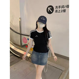 Three-Armed Straight Shoulder Collar Short-Sleeved T-Shirt Girl Bm Hottie Skinny Embroidery White Short Coat Summer