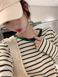 Pure Cotton Long-Sleeved T-Shirt Lady Spring And Autumn Coat Wears 2025 New Bottoming Shirt Inside The Striped Ocean Loose