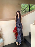 French Vintage V-Necked Blue Broken Flower Dress Women's Summer 2026 New Spice Girls Hanging Sleeveless Dress