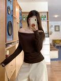 Coffee Color Korean Slanted Shoulder Collar Long-Sleeved T-Shirt 2026 Autumn Bottom Folded Thin Inside Top