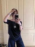 Design-Sensitive Cotton Gray Shoulder Loose Short-Sleeved T-Shirt Women's Summer Casual Set-Up White Top