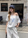Spice Girl Striped Print Slanted Shoulder Short-Sleeved T-Shirt 2026 Summer New Loose Word Shoulder High-End Feel Top