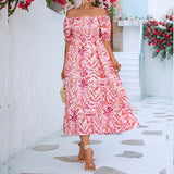 Summer New Sweet Wind Bra Collar Print Short Sleeves Tight Waist Long Dress Broken Floral Dress