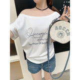 White Oblique Shoulder Prints Out Shoulder Sexy Short-Sleeved T-Shirt Girl Summer Sweet Hottie Loose Lazy Shoulder