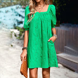 Dili Solid Color Square Dress Woman 2025 Summer Temperament Elegant Hollowed Out Skirt Skirt Short Sleeves