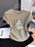Pure Cotton Short-Sleeved Female Design Sense Niche Cat Print Short-Sleeved T-Shirt Summer Body Straight Shoulder Chic Beautiful Top