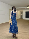 French Retro V-Neck Vest Dress Women's Summer Temperament Tibetan Blue Long Dress Niche Skinny A-Shaped Skirt