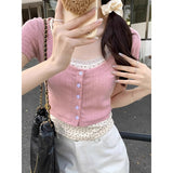 Light Blue Large Round Collar Collar Collar Collar Collar Front Shoulder Half-Sleeved Knitted Cardigan Slime T-Shirt Short-Sleeved Top Summer