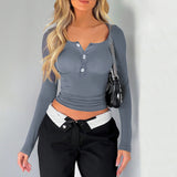 Dili Women's Top 2025 Spring And Summer Y2K Casual Solid Color Repair V-Neck Long-Sleeved T-Shirt