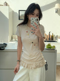 Unique Special To The Hem Splicing Into The Ears Of The Color Wood Around The Round Collar Collar T-Shirt Women Spring And Summer Pure Want To Hit The Bottom Of The Coat