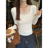 White Lace Splicing Long-Sleeved T-Shirt Girl 2026 Autumn Bow Pure Babes Slimming Bottom Top