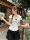 Sweet Sister Doll Collar Short-Sleeved T-Shirt Girl Shoulder 2026 Summer New Thin Girl Print Bow Small Top