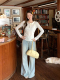 POLO Collar Long Sleeve Texture Woman Autumn New Bottom To Take Waist Folded Wood Ear Button T-Shirt