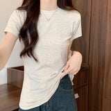 European Goods Shoulder T-Shirt Women's Short-Sleeved Summer 2026 New Round Neck Neckt Pure Cotton Basic Top
