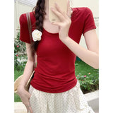 Red Low-Collar Collar Collar Collar Collar Collar Collar Short-Sleeved T-Shirt Girl Summer New Tight Body Sexy Pure Temperament