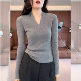 High-Level Sense V Collar Knitted Shirt Women's Bottom Shirt Autumn And Winter New Large-Size Fat Mm Slim Slim Thin Belly Top