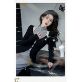 Cold Wind Royal Sister Fan Wearing A Suit Early Autumn High Sense Two Sets Of Gray Dress Black Cardigan Woman