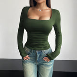 Dili 2025 Spring And Summer Y2K New Square Collar Long Sleeves Tight Casual Fashion Top Lady