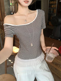 High-End Slanted-Striped Lace-Up Stitched Under The Short-Sleeved T-Shirt Women's Summer New Top