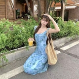 Blue Rose Printed Dress 2025 Summer New Sweet Slim Vacation Style Sleeveless Mid-Sleeve Dress