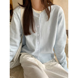 Light Blue Thread Round-Neck Long-Sleeved Knitted Cardigan Women's Autumn And Winter New Lazy Windy Loose Coat Embroidered Top