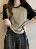Vintage Shoulder-Sleeved T-Shirt Women's New Summer Design Small Drawstring Thin Cotton T-Shirt