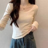 Vintage U-Neck Long-Sleeved T-Shirt Women's Autumn And Winter New Big Necktip Simple With Hot Girls Short Collared Bottom Shirt Top
