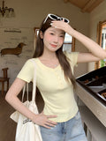 Yellow Babes Half-Neck Design Feel Short-Sleeved T-Shirt Girl 2026 Summer Repair Waist Short Shoulder Dress