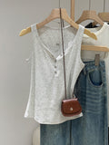 Sweet Hottie White Half-Necked Button Slings Waistcoat Women's Spring And Summer New Folded Bottom Shirt Sleeveless Top