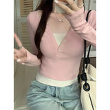 Fake Two Shoulder-To-Shoulder Pink Long-Sleeved T-Shirts In The Autumn To Set Up Slim Slim Alone Especially Sweet And Spicy Bottom Tops