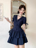 French Spice Girls V Collared Thin Hepburn Style Dress Women's Summer Retro Body Soaked-Sleeved Cake Skirt