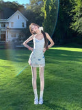 Blanage Printing Fake Two White Sling Dress Women Summer Waists Thin Small Hot Girl Short Skirt